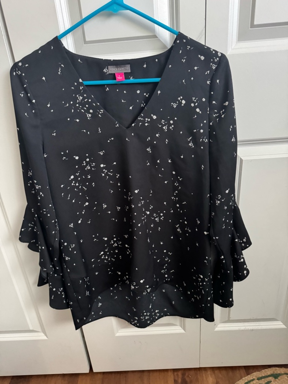 Vince Camuto Black Blouse with White Speckle Print and Ruffle Sleeves
